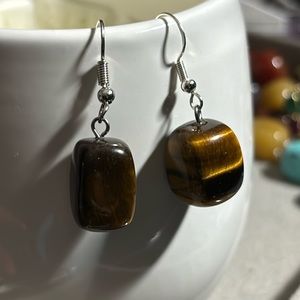 Genuine Tigers Eye Gem Stone Earrings with Sterling Silver Dangle Posts